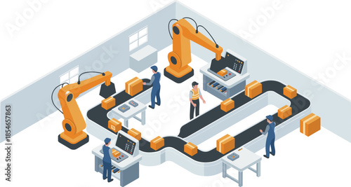 Isometric automated factory illustration with robotic arms, conveyor belt, workers monitoring production line in modern industrial manufacturing