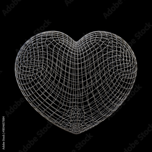 3D silver metallic wireframe heart grid isolated on black background
