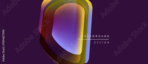 Abstract geometric shape dominates purple backdrop. Layers create depth, vibrant color gradients present modern design element.