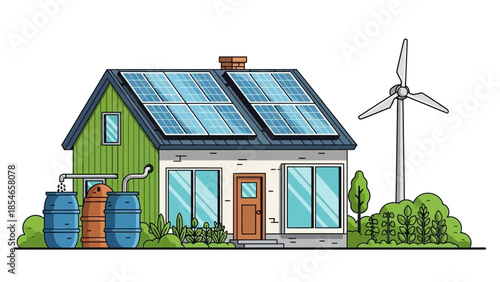Eco-friendly house with solar panels and wind turbine illustration
