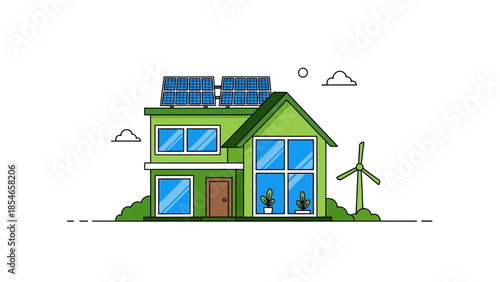Eco-friendly house with solar panels and wind turbine illustration