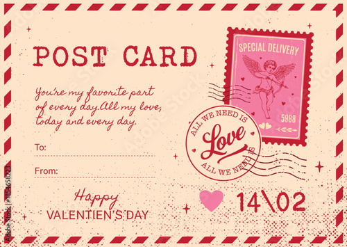 Vintage cream Valentine's Day postcard with red airmail border and cupid "Special Delivery" stamp