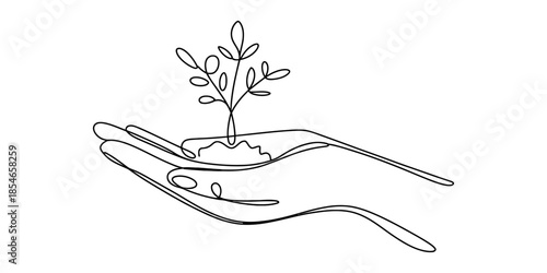 Continuous line drawing of hands supporting a young plant, symbolizing growth and environmental care Vector, illustration