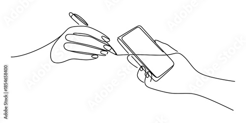 A continuous line art drawing of two hands, one signing digitally on a smartphone Vector, illustration