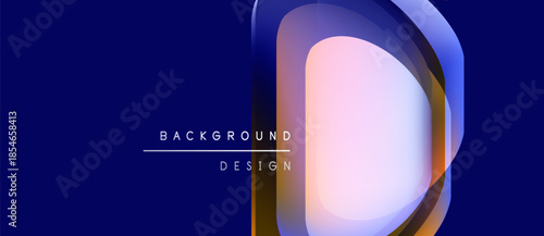 Abstract design features layered shapes, vibrant colors. Letter D dominates composition, set against dark blue backdrop. Modern aesthetic.