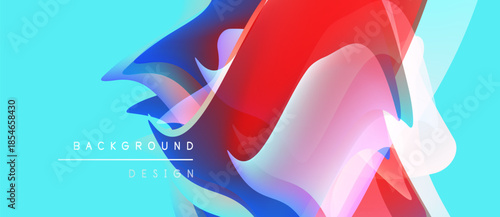 Abstract fluid shapes overlap, creating vibrant color gradients. Blue, red, pink hues dominate design. Modern background texture.
