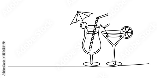 Continuous line art illustration of two refreshing summer cocktails in different glasses Vector, illustration