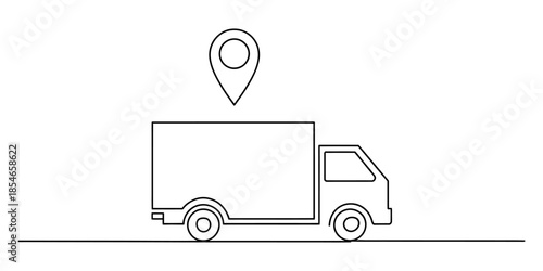 Continuous line art drawing of a delivery truck and location pin representing tracking Vector, illustration