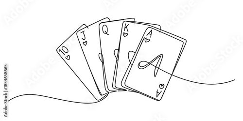 A continuous line drawing illustrating a royal flush playing card hand Vector, illustration