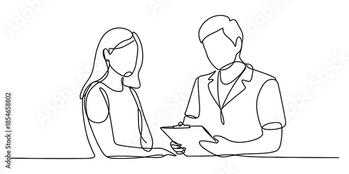 One continuous line drawing depicting a medical professional consulting a patient in a healthcare setting Vector, illustration