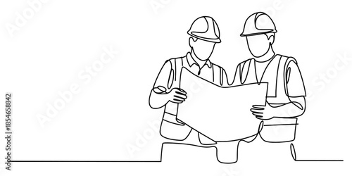 Two construction workers discussing a blueprint Vector, illustration
