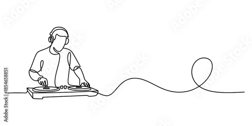 A continuous line art illustration showing a dj performing with turntables and headphones Vector, illustration
