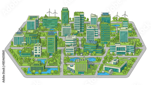 Eco-friendly cityscape with green buildings and renewable energy sources