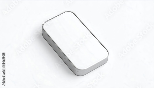 A rectangular, white tin box with a silver edge, sits on a plain white surface