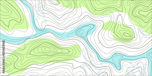 Topographic contour, line map with curvy wave isolines. Colored topographic landscape surface map, pattern. Concept of conditional geography scheme, terrain path. Editable stroke vector illustration