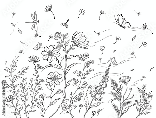 A painting of flowers gently swaying with the wind 