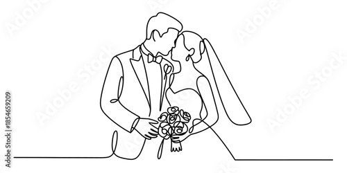 Elegant wedding couple embracing with a bouquet Vector, illustration