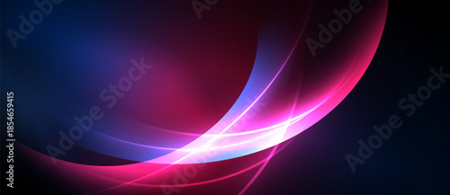 Abstract design features flowing curves, vibrant colors. Blue, purple, pink hues blend seamlessly, creating dynamic visual effect.