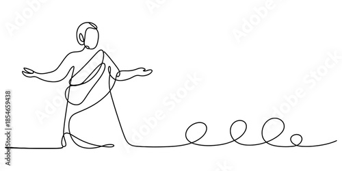 A single continuous line drawing of an ancient figure in a robe with outstretched arms Vector, illustration