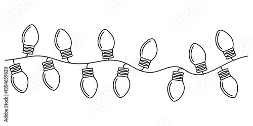 Simple black and white line art illustration of a festive string of christmas lights hanging Vector, illustration