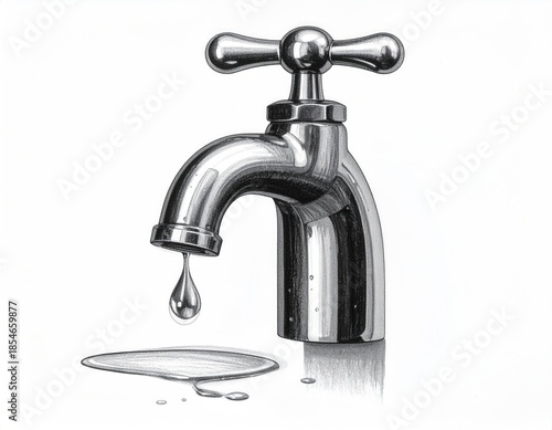 Shiny faucet with a water droplet falling and reflecting on a puddle