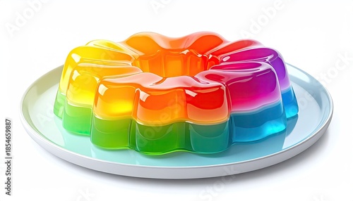 A vibrant, layered, rainbow-colored gelatin dessert on a white plate