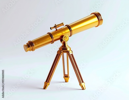 Golden telescope on a tripod, angled upward, on a light gradient background