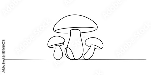 A minimalist continuous line art drawing illustrating three mushrooms on a white background Vector, illustration