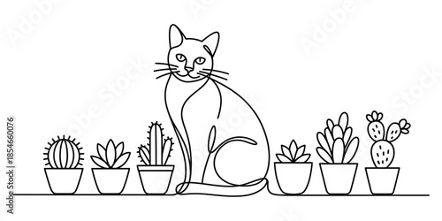 A minimalist continuous line art drawing of a cat sitting among potted cacti and succulents Vector, illustration
