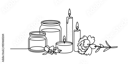 Continuous line drawing of spa and wellness items including jars, candles, and flowers Vector, illustration