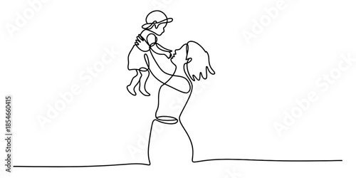 Continuous line art drawing of mother holding her child in playful moment Vector, illustration