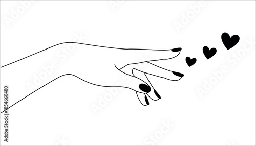 Hand with black painted nails releasing three black hearts white background line minimalistic