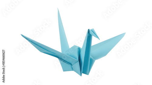 Light blue origami crane PNG isolated on transparent background, folded paper bird for peace, hope and handmade crafts