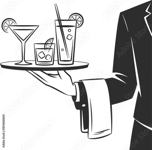 Waiter Serving Cocktail Drinks Line Art Illustration.