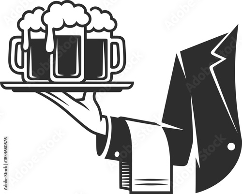 Waiter Serving Beer Mugs Illustration, Vintage Restaurant Hospitality Icon.