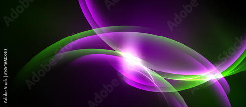 Abstract flowing lines, vibrant purple, green hues. Bright central glow creates dynamic visual impact. Smooth gradients dominate composition.