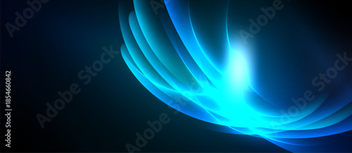 Abstract blue energy flow. Bright light radiates from curved shapes against dark background. Dynamic, modern design.