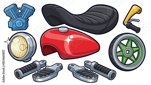 Detailed Vector Illustration of Vintage Motorcycle Parts for Custom Building and Repair Projects, Isolated Graphic Assets