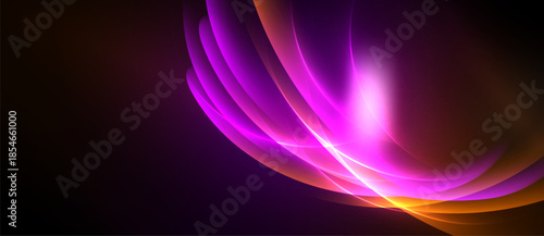 Abstract vibrant light streaks. Purple, orange hues blend into darkness. Dynamic energy radiates from central point. Smooth curves create flowing form.