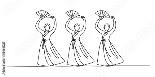 Three elegant dancers in traditional korean attire gracefully perform with fans. Vector, illustration