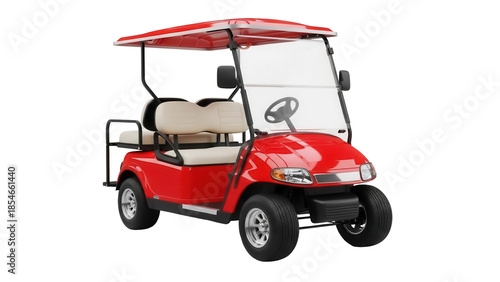 Red golf cart PNG isolated on transparent background, electric vehicle for recreation and transportation, modern buggy with roof