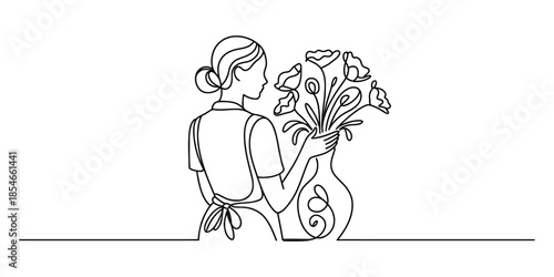 Woman arranging flowers in a vase with a single line drawing style Vector, illustration