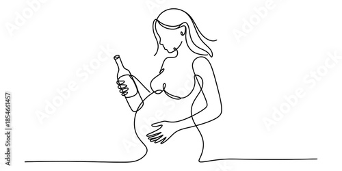 Pregnant woman holding a bottle in minimalist line art style Vector, illustration