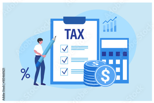Tax payment financial annual accounting, calculating and paying invoice, budget analysis 