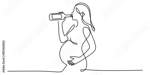 A pregnant woman drinks from a bottle in a line drawing Vector, illustration
