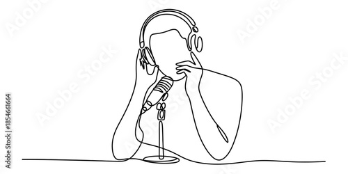 A continuous line drawing illustration of a person recording a podcast with headphones and microphone Vector, illustration