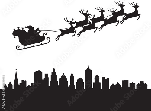 Create Santa Claus Sleigh Over City Silhouette Isolated on White Background