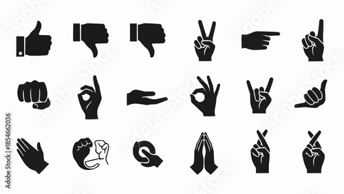 Collection of hand gesture icons in silhouette style.