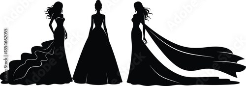 Elegant gown silhouette, fashion illustration, black dress art, formal wear design, bridal concept, flowing train, stylish posture