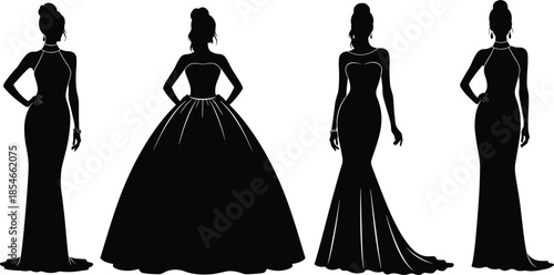 Elegant evening gown silhouettes, formal fashion poses, black dress sketch collection, stylish female figures, CAD streetwear flat vector illustration